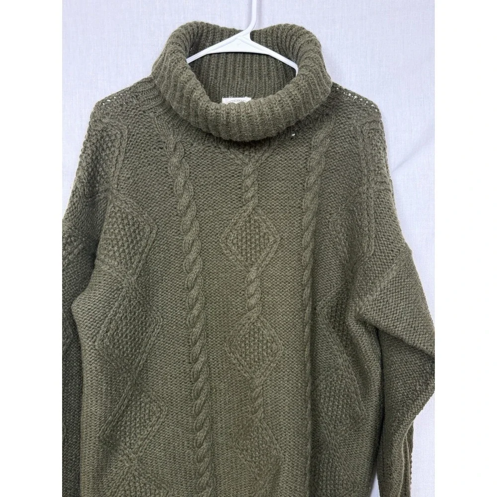VTG Hand Knit Shetland Wool Cable Knit Turtleneck Sweater Womens M‎ Green Chunky